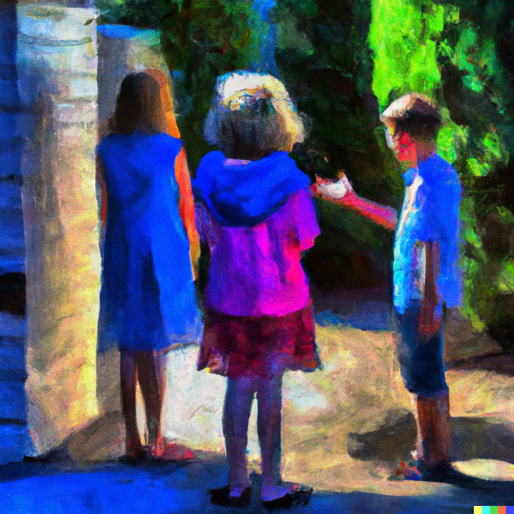 Kids standing and talking in an oil paint style